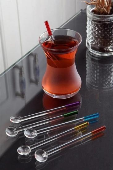 6 Adet Lüx Renkli Saplı Cam Çay Kaşığı Seti